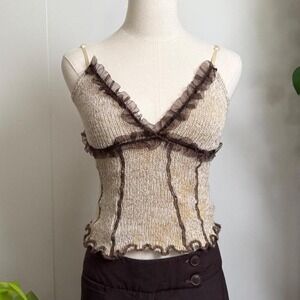 Zone Bleue Vintage Y2K Ruffle Sweater Tank Top Brown Tan Fairycore XS